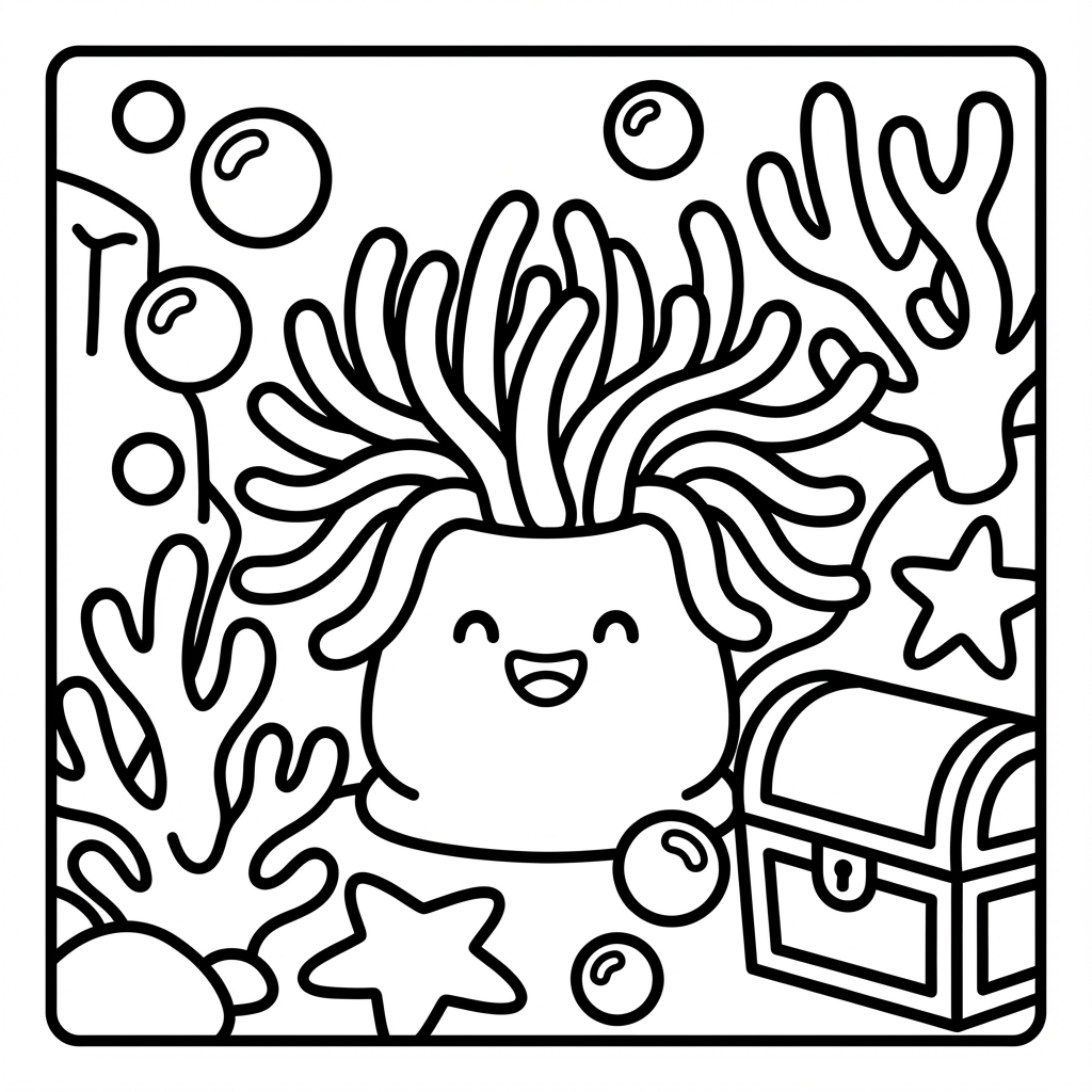 Smiling coral anemone with a treasure chest, great for bold line coloring pages and fat marker coloring pages.